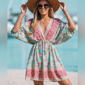 Various sizes: Boho Floral Mini Dress with Drawstring V-Neck and Half Sleeve-NWT